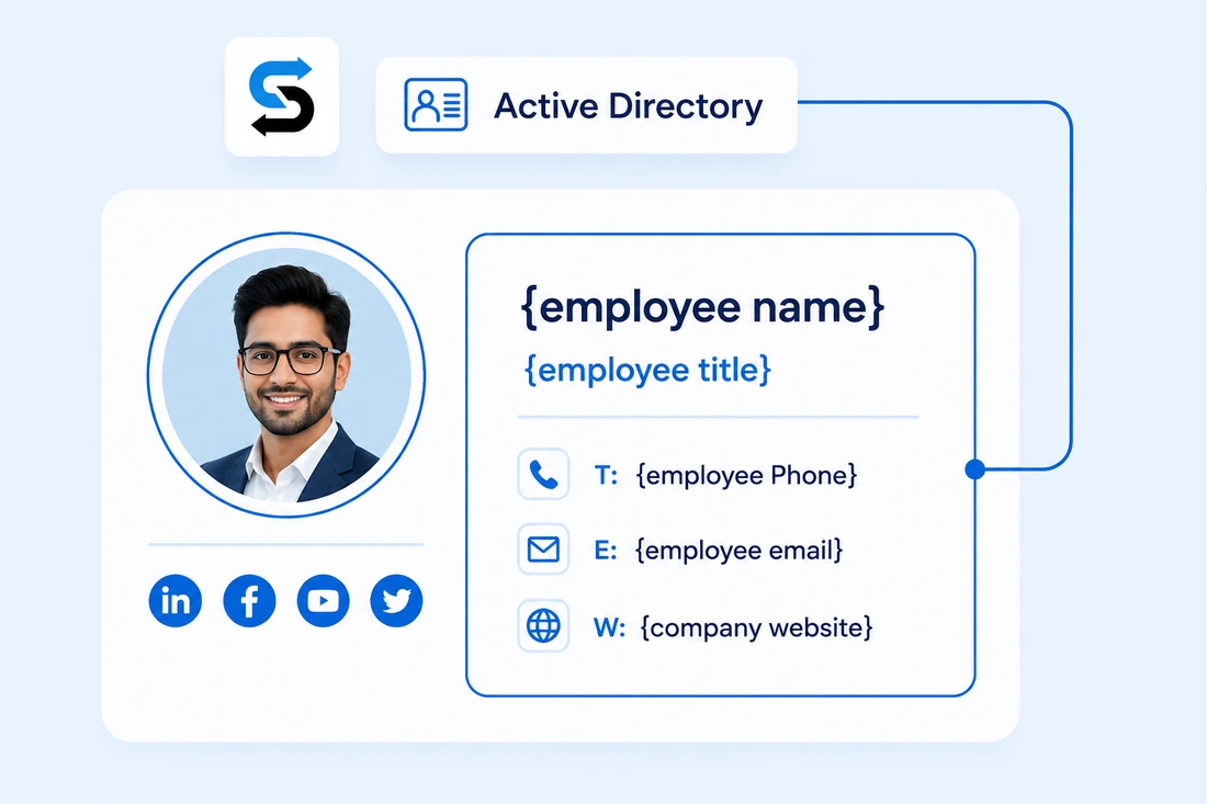 SignSyncer pulling employee name, title, phone, email and photo from Active Directory into an email signature