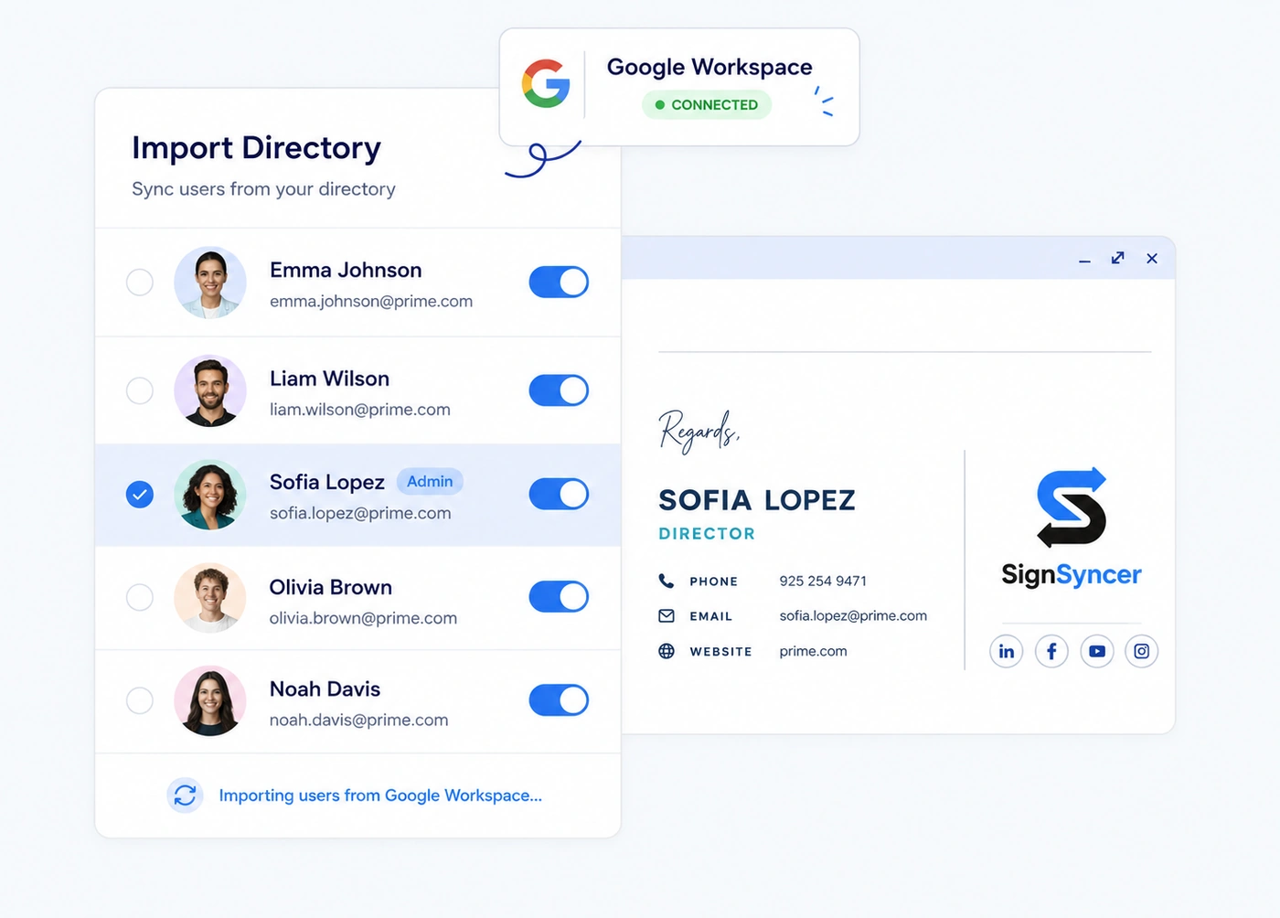 SignSyncer importing users from the Google Workspace directory and applying a branded email signature
