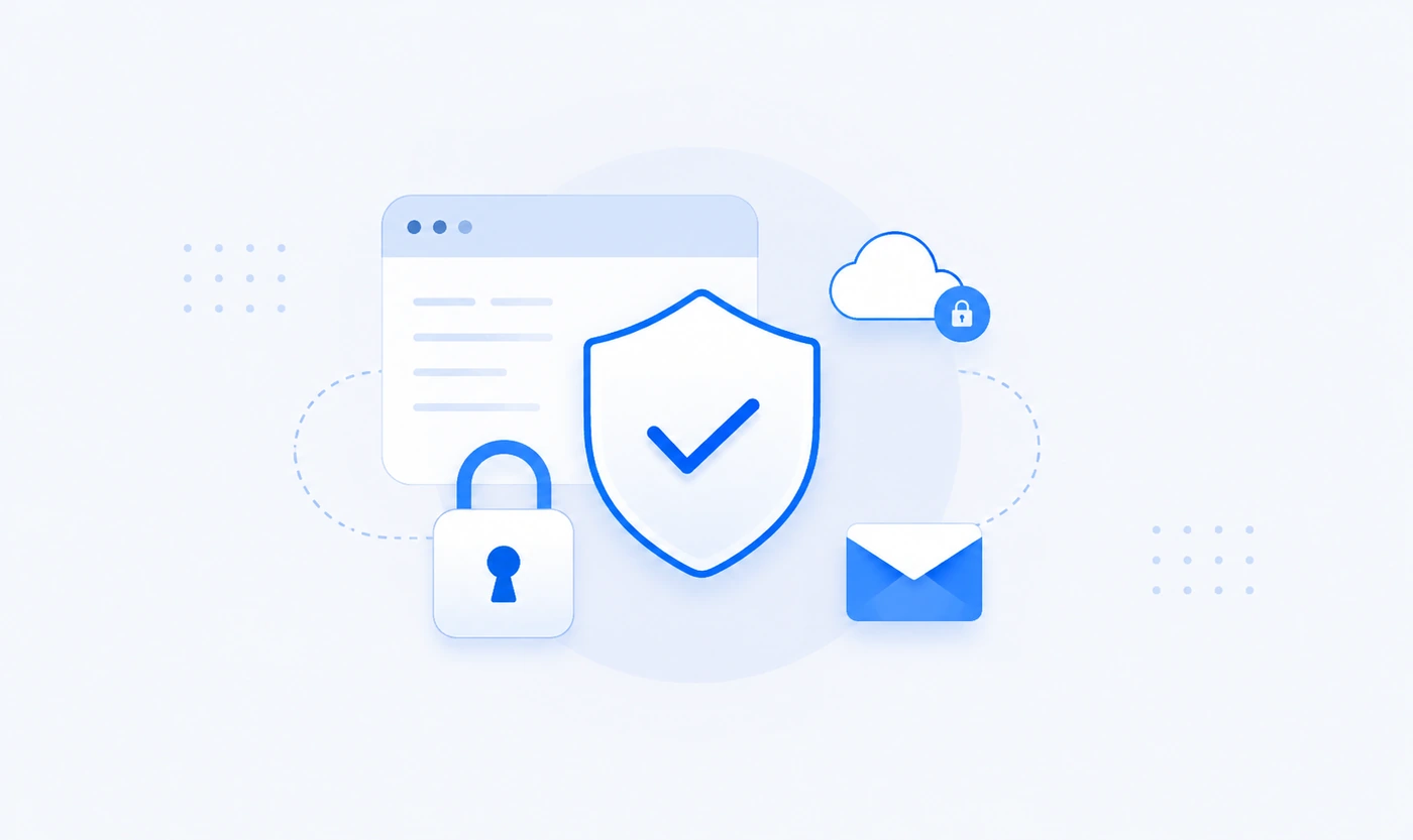 Security illustration: shield, padlock, encrypted cloud and email