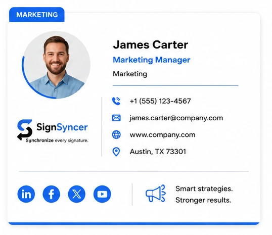 Marketing email signature card for James Carter, Marketing Manager