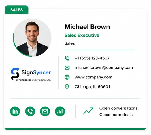 Sales email signature card for Michael Brown, Sales Executive