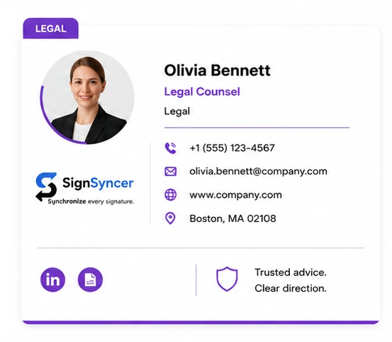 Legal email signature card for Olivia Bennett, Legal Counsel
