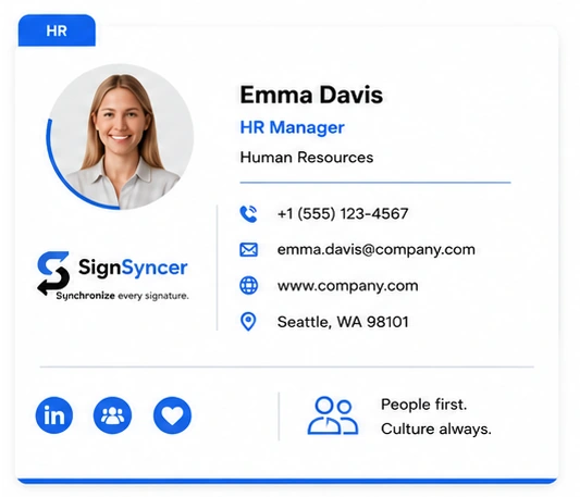 HR email signature card for Emma Davis, HR Manager