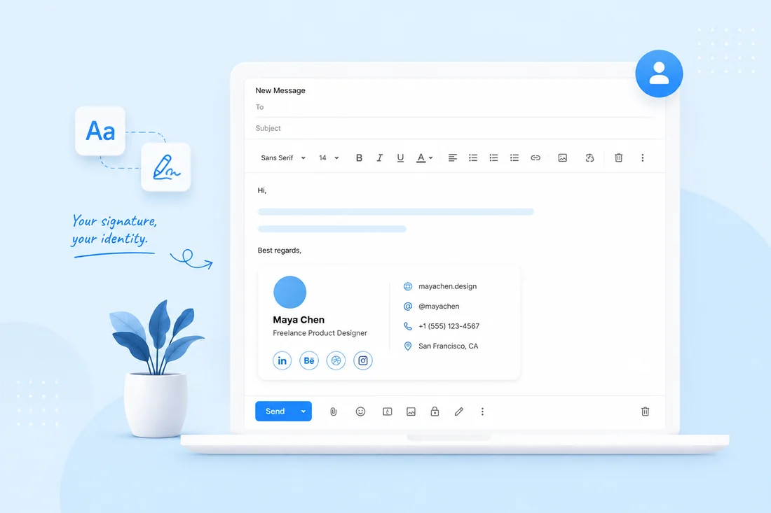 A personal email signature for Maya Chen, Freelance Product Designer, shown in a Gmail compose window