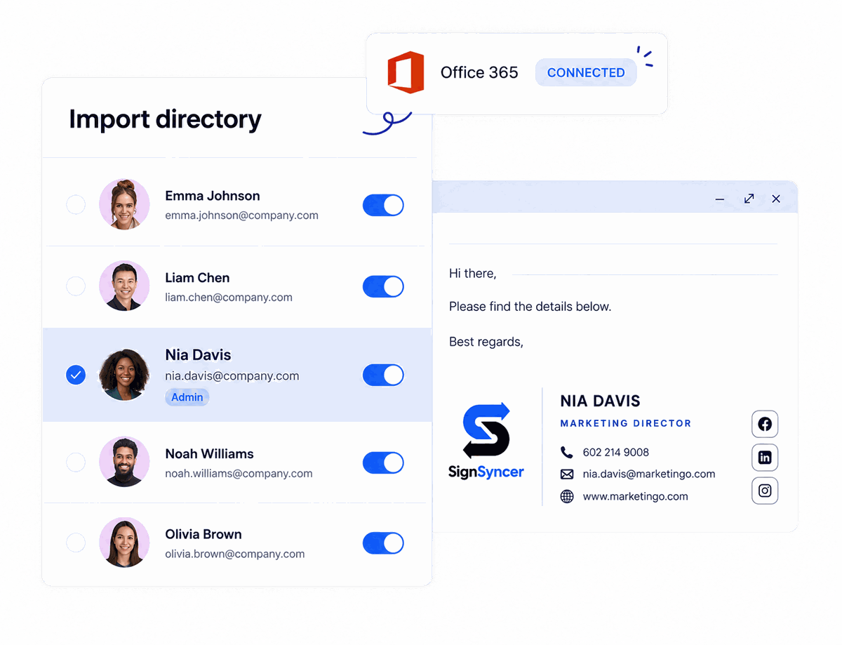 SignSyncer importing an Office 365 user directory and applying a branded email signature in Outlook