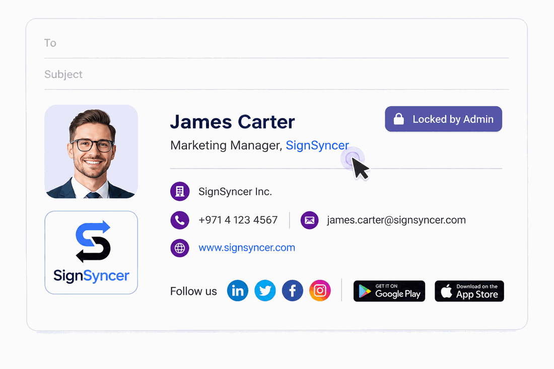 Email signature in the SignSyncer editor with brand fields locked by the administrator, showing name, job title, contact details and social links