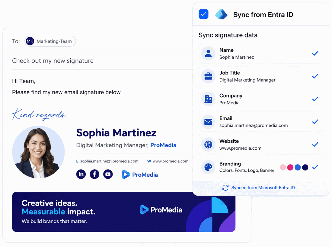 SignSyncer pulling name, job title, company, email, website and branding directly from Microsoft Entra ID into a live email signature