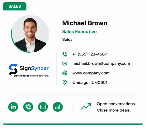 Sales email signature template for a sales executive, with contact details, social links and a call-to-action strapline