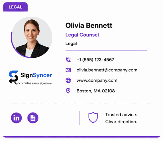 Legal email signature template for legal counsel, with contact details and a compliance-focused strapline