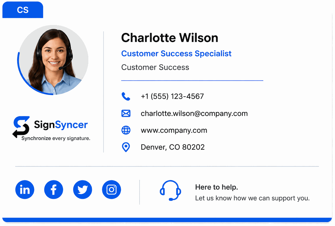 Customer success email signature template for a support specialist, with contact details, social links and a support strapline
