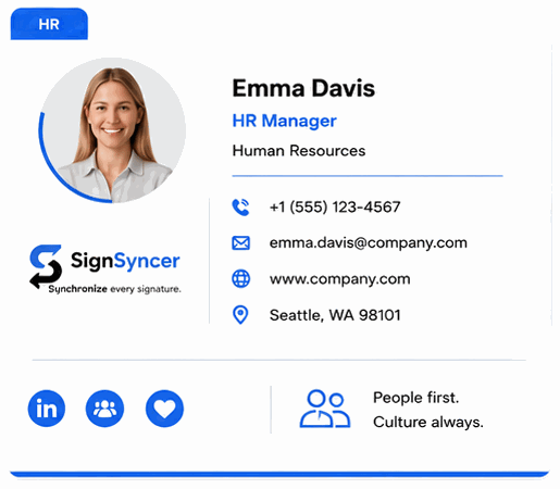 HR email signature template for an HR manager, with contact details, social links and a people-first strapline