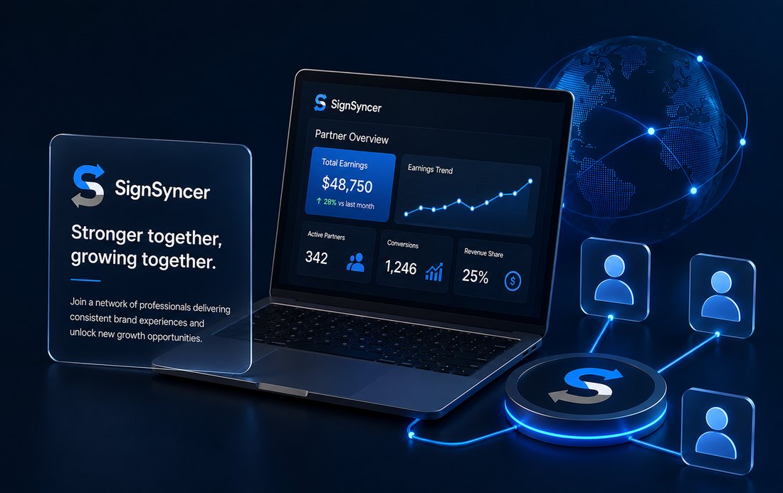 SignSyncer partner dashboard showing total earnings, active partners, conversions and revenue share