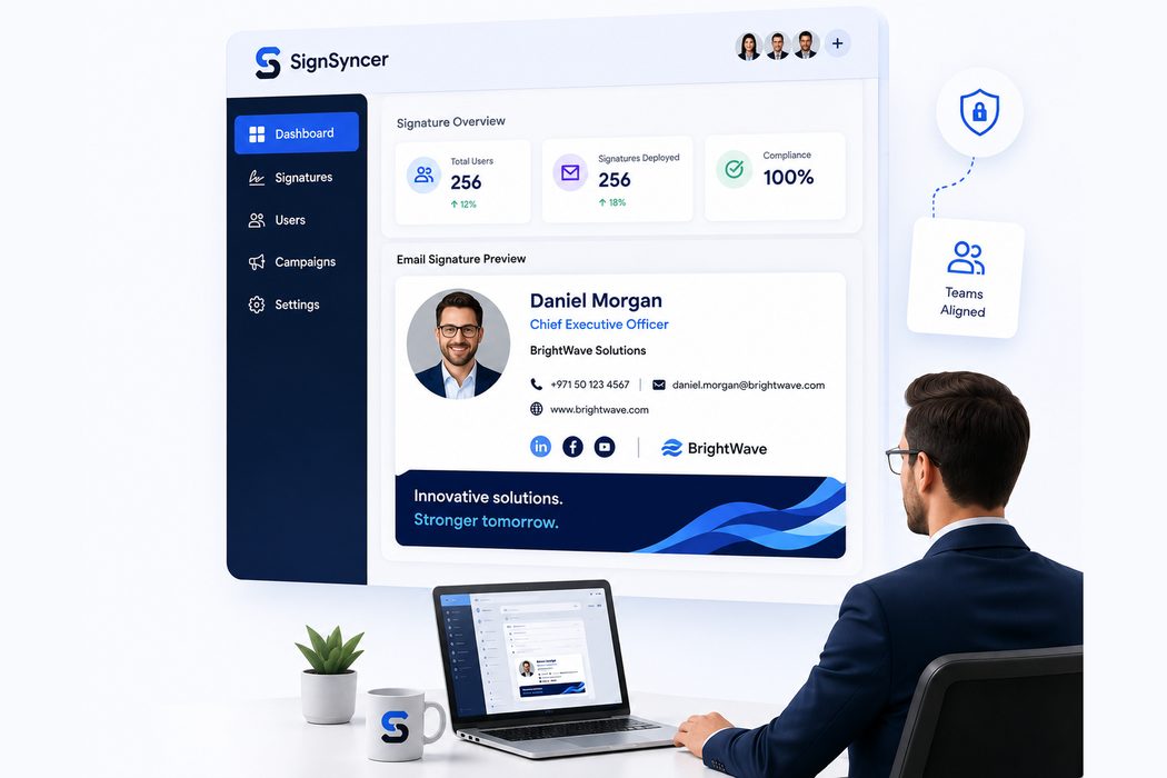 SignSyncer dashboard showing signature overview and a live email signature preview
