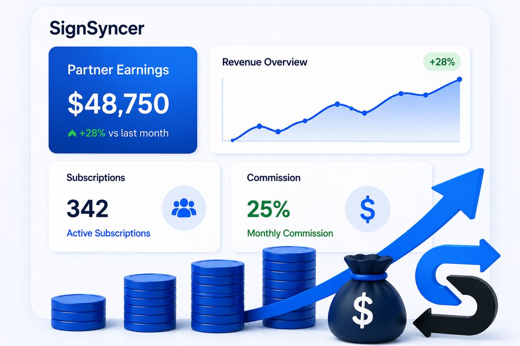 Partner earnings dashboard showing revenue growth, active subscriptions and commission rate