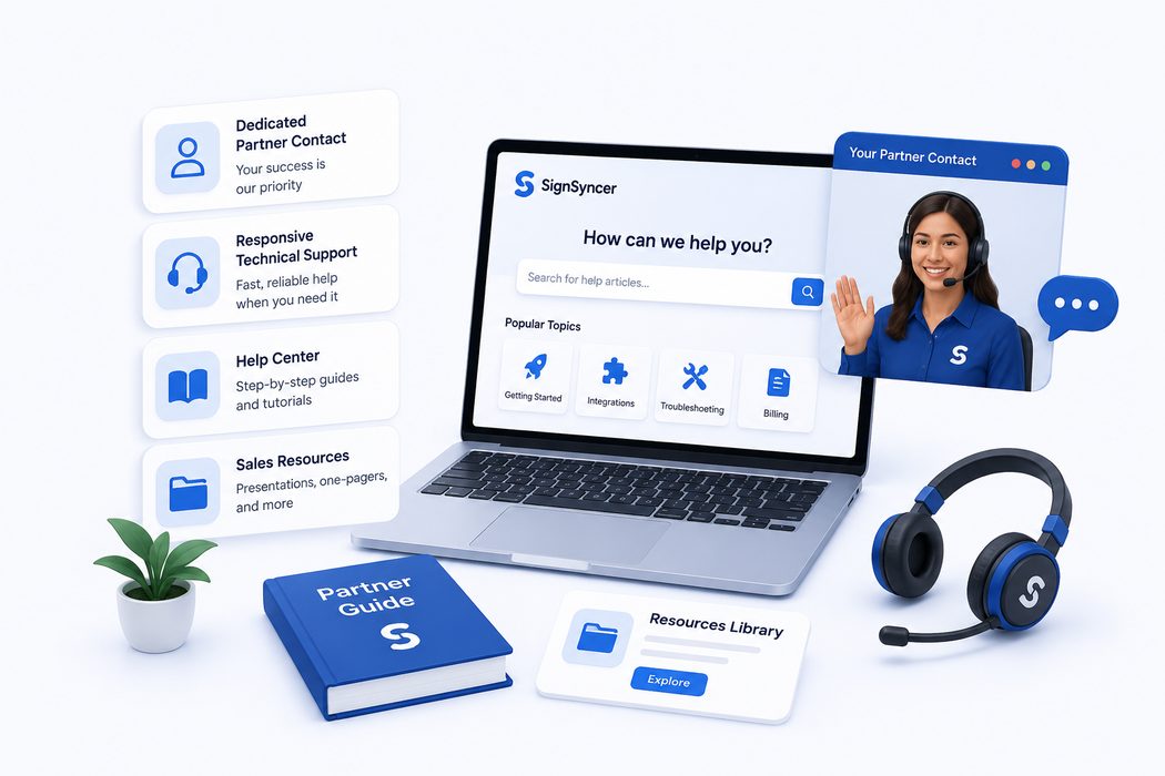 Partner support resources: dedicated contact, help center, technical support and sales resources