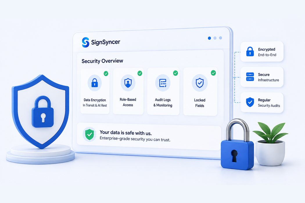 Security overview showing data encryption, role-based access, audit logs and locked fields