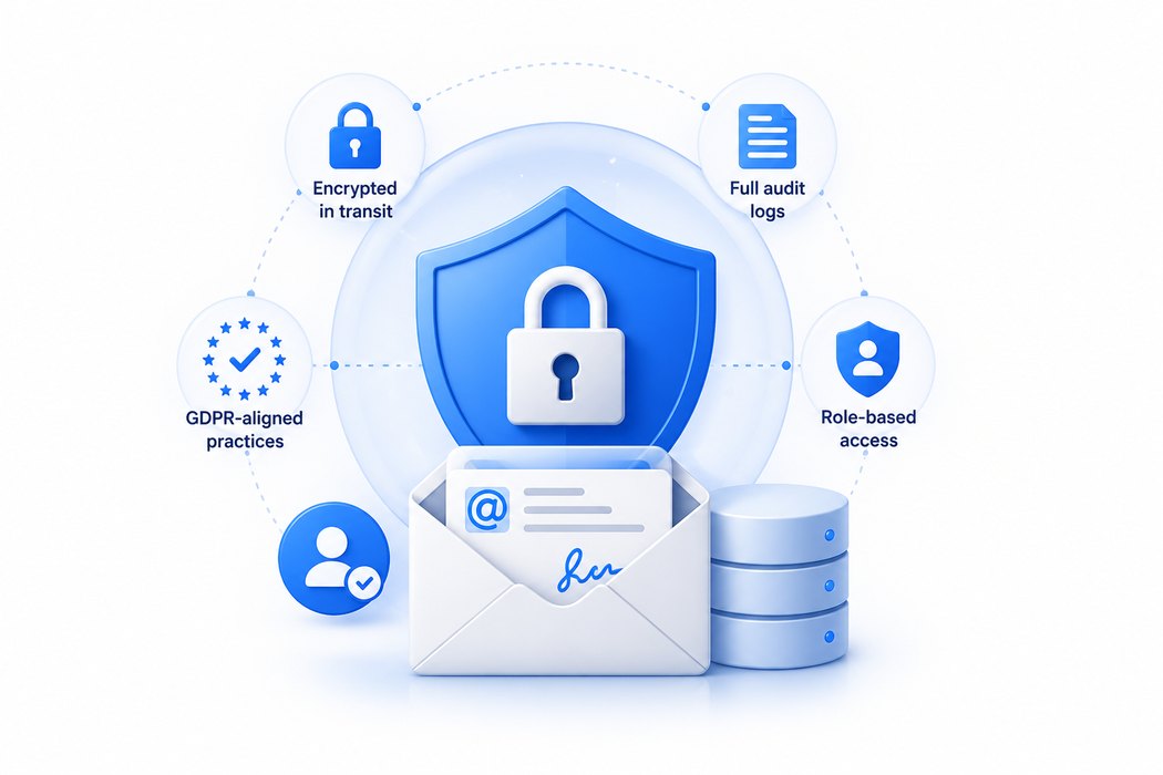 How SignSyncer protects client data: encrypted in transit, full audit logs, role-based access, GDPR-aligned practices