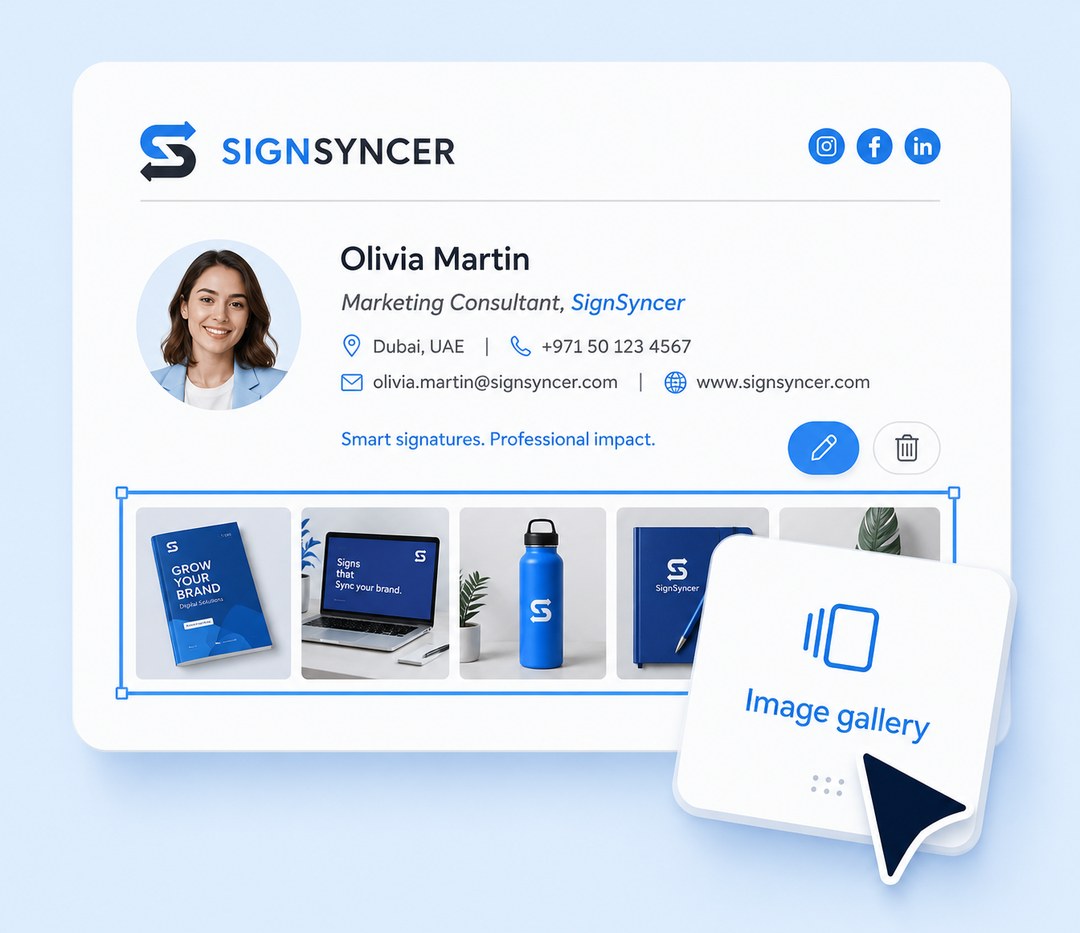SignSyncer email signature for Olivia Martin, Marketing Consultant — branded header, contact details, and an image gallery banner