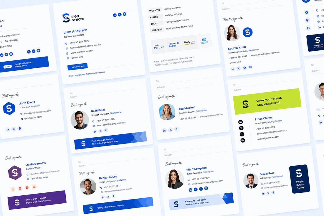 A grid of SignSyncer email signature templates in different layouts, colours, and brand styles