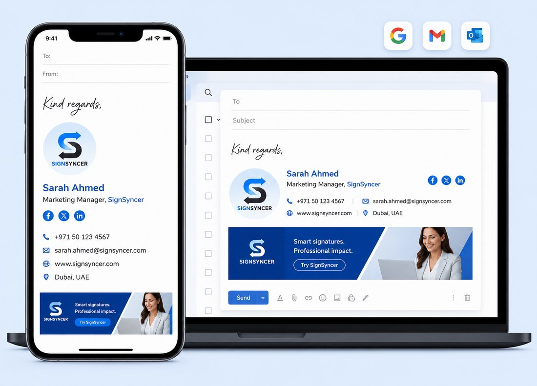 The same SignSyncer email signature rendering identically on an iPhone and on a laptop in Gmail, with Google, Gmail and Outlook icons above